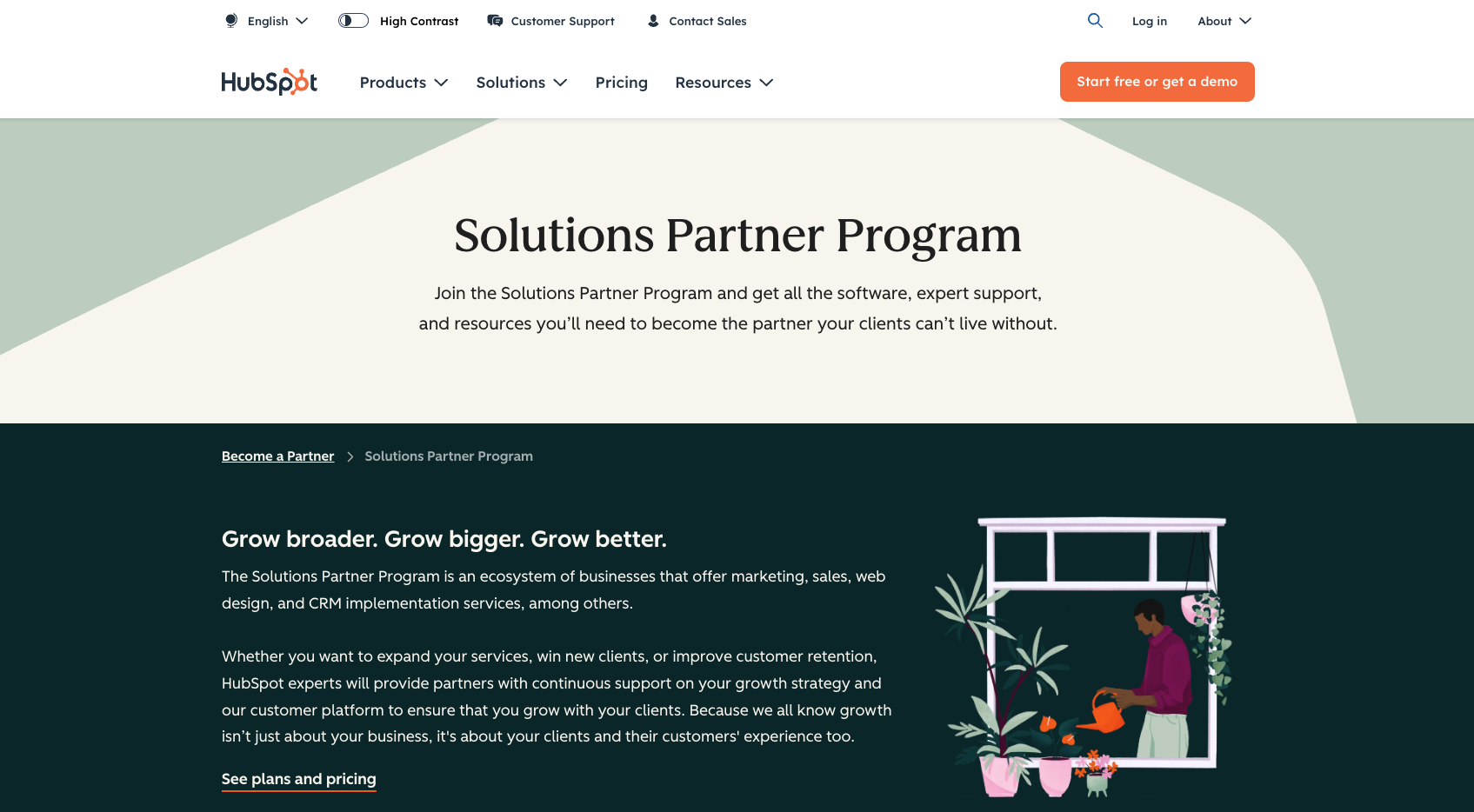screenshot of hubspot solutions partner program landing page with the words grow broader, grow bigger, grow better