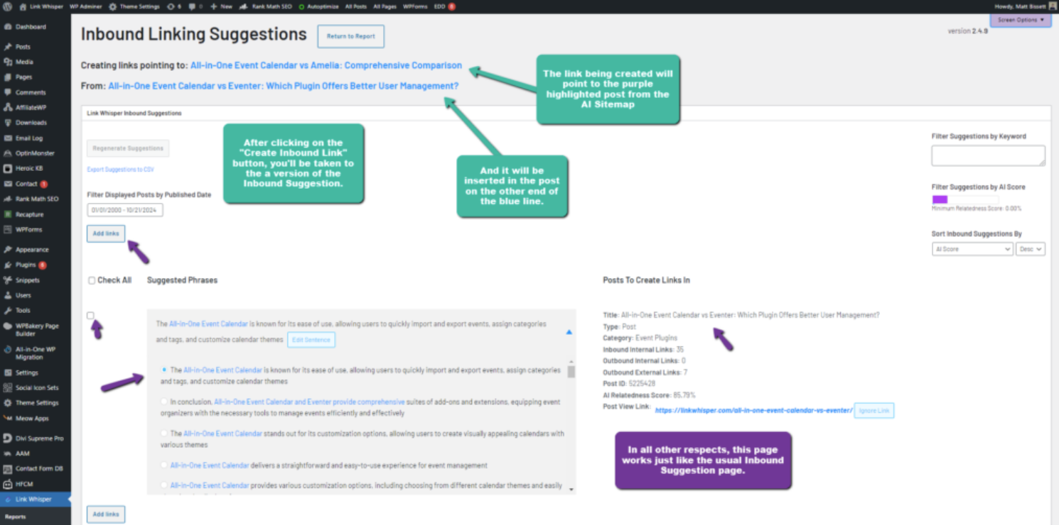 Link Whisper interface showing inbound linking suggestions
