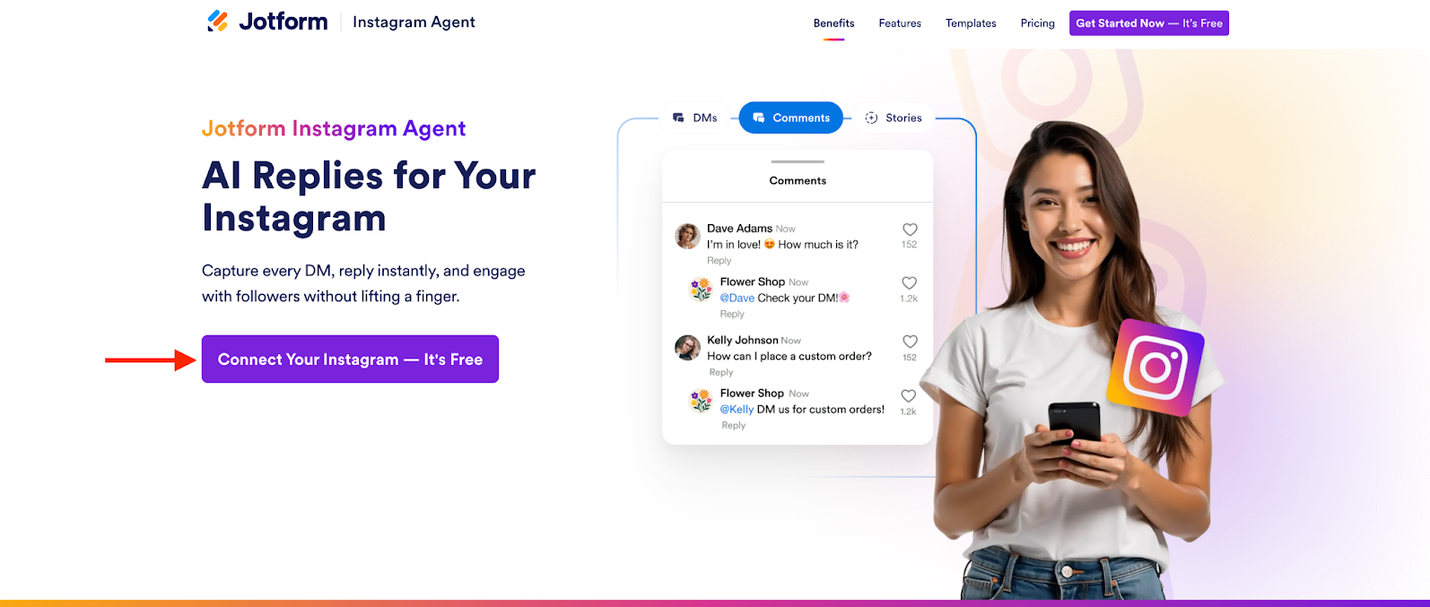 Clicking on the Connect Your Instagram button on the Jotform Instagram Agent Landing Page