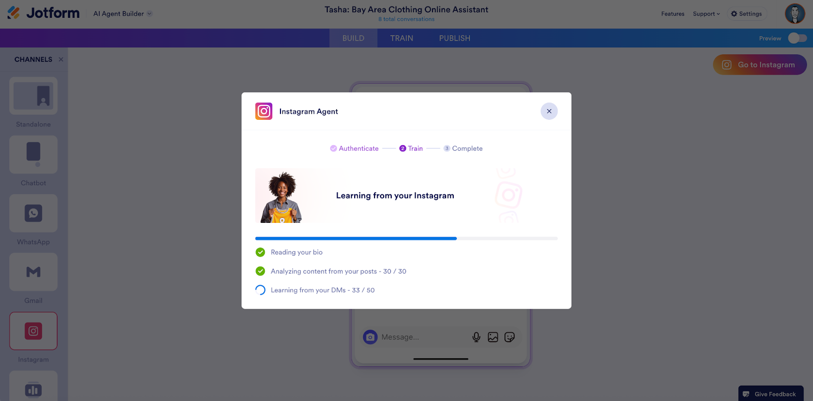 Jotform Instagram Agent displaying the message "Learning from your Instagram"