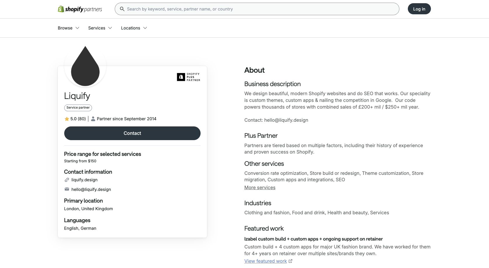 Listing of Liquify on the Shopify Partner Directory