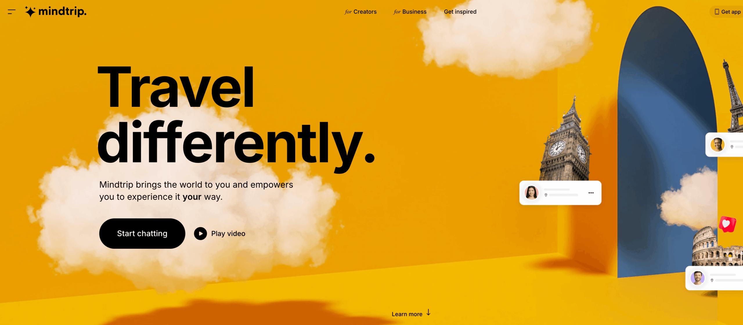 mindtrip AI trip planner website homepage with the words travel differently