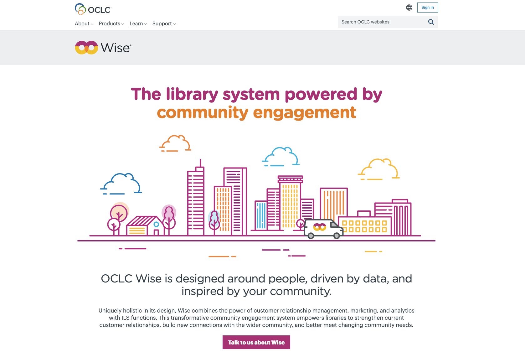 screenshot of oclc wise landing page with the following words the library system powered by community engagement