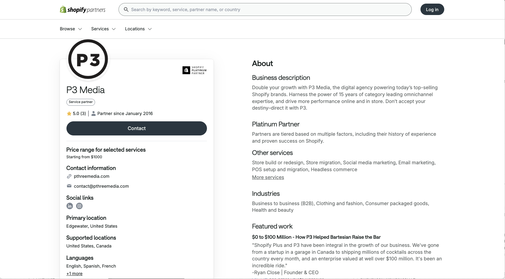 Listing of P3 Media on Shopify Partner Directory