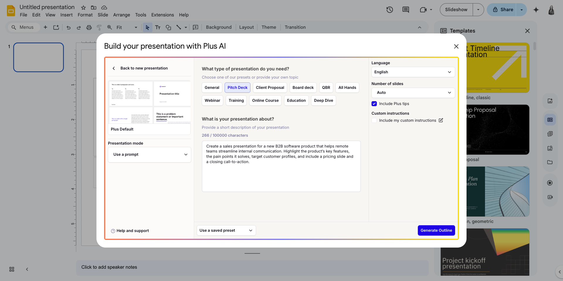 image of plus ai with the words build your presentation with Plus AI