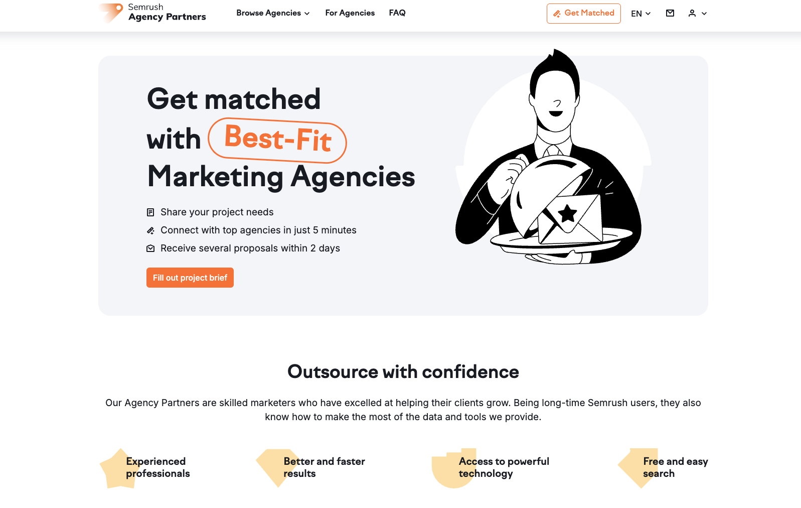 screenshot of Semrush agency partner program landing page with the words get matched with best-fit marketing agencies