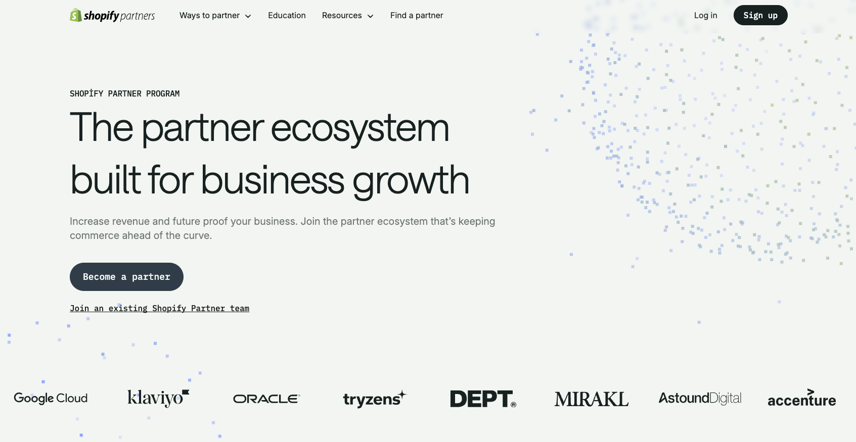 screenshot of shopify partner program landing page with the words the partner ecosystem built for business growth