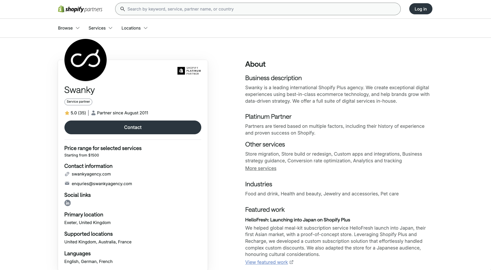 Listing of Swanky in Shopify Partner Directory