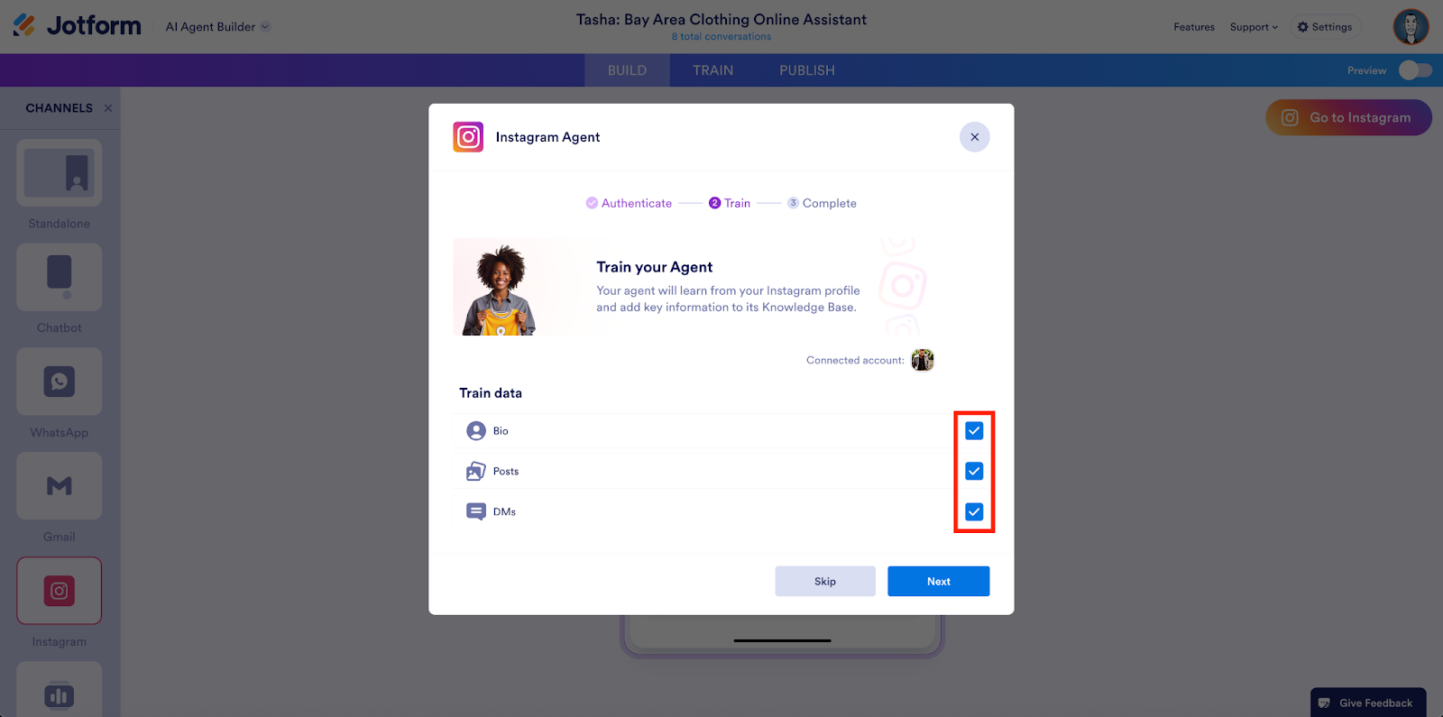 Training the Instagram Agent on the Jotform AI Agent Builder