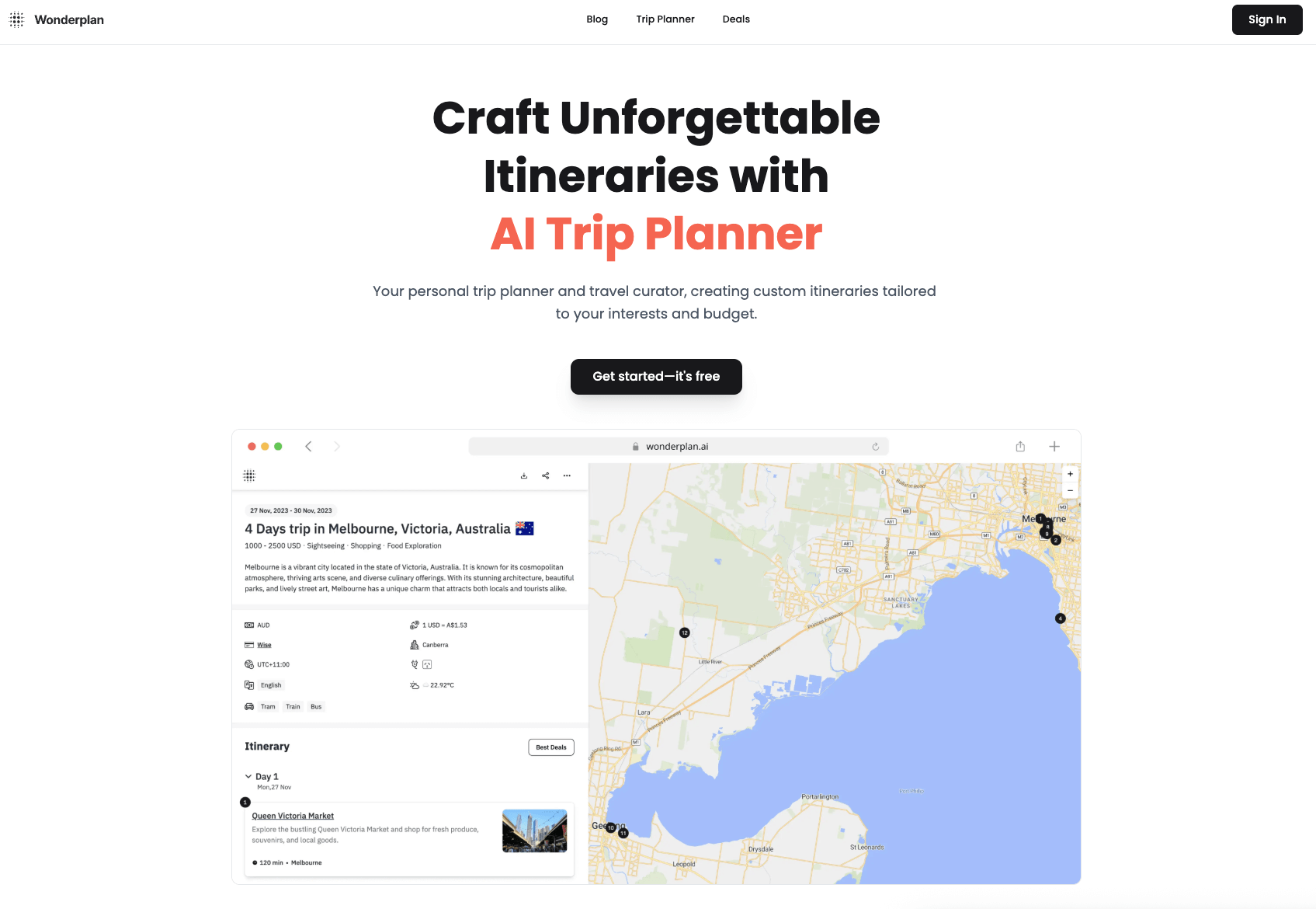 wonderplan AI itinerary planner website homepage with the words craft unforgettable itineraries with AI trip planner