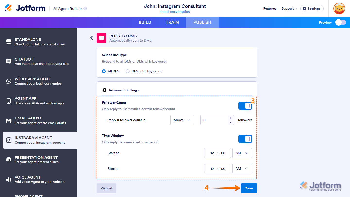 Advanced Settings in Instagram Agent with Follower Count and Time Window options in Jotform