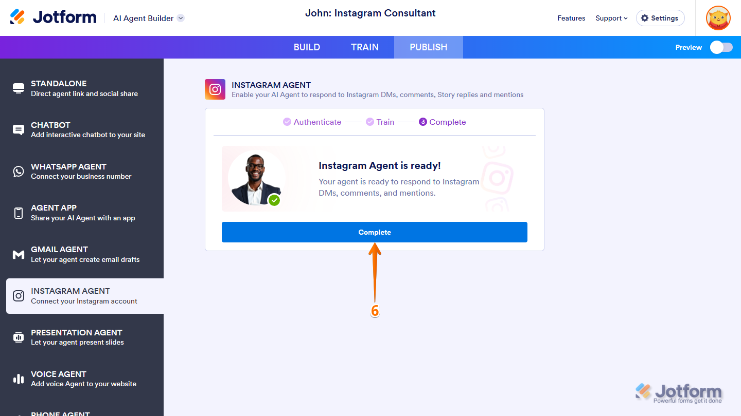 Complete button in Instagram Agent to finish setup in Jotform