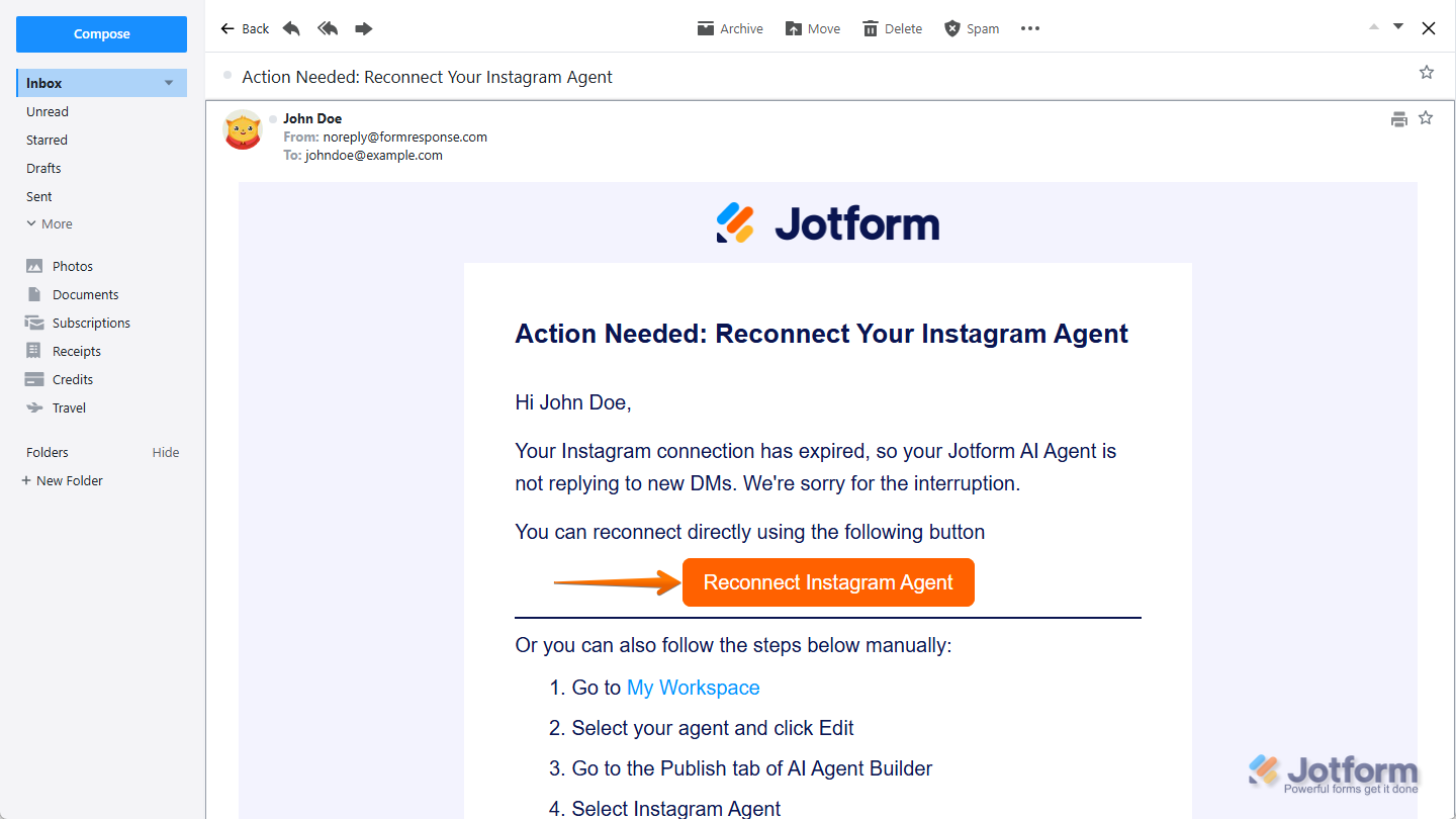 Reconnect Your Instagram Agent email alert from Jotform
