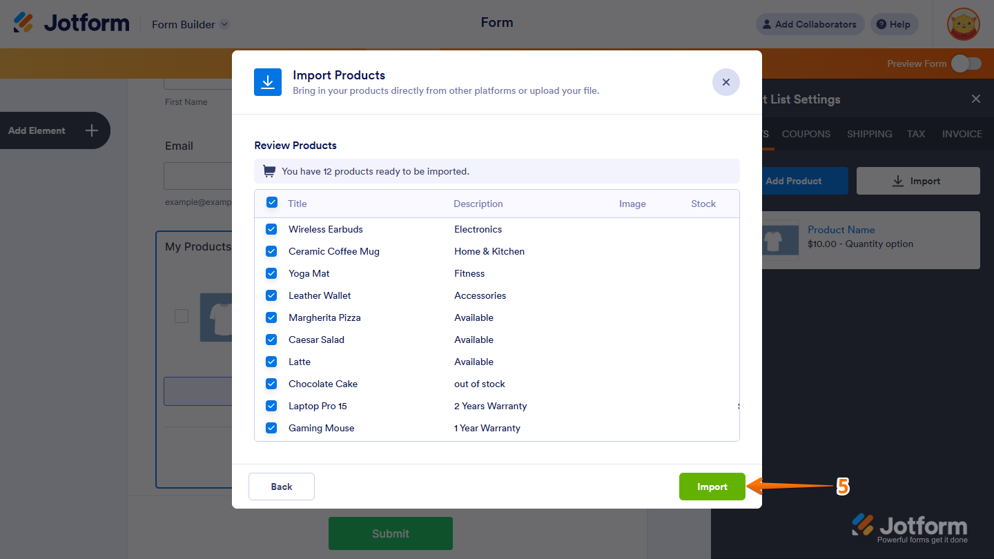 Import Button in the Import Products window in Jotform Form Builder.