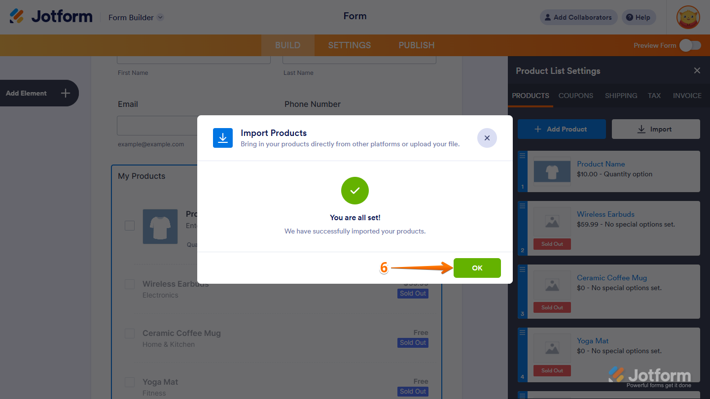 Ok button in the Import Products window in Jotform Form Builder
