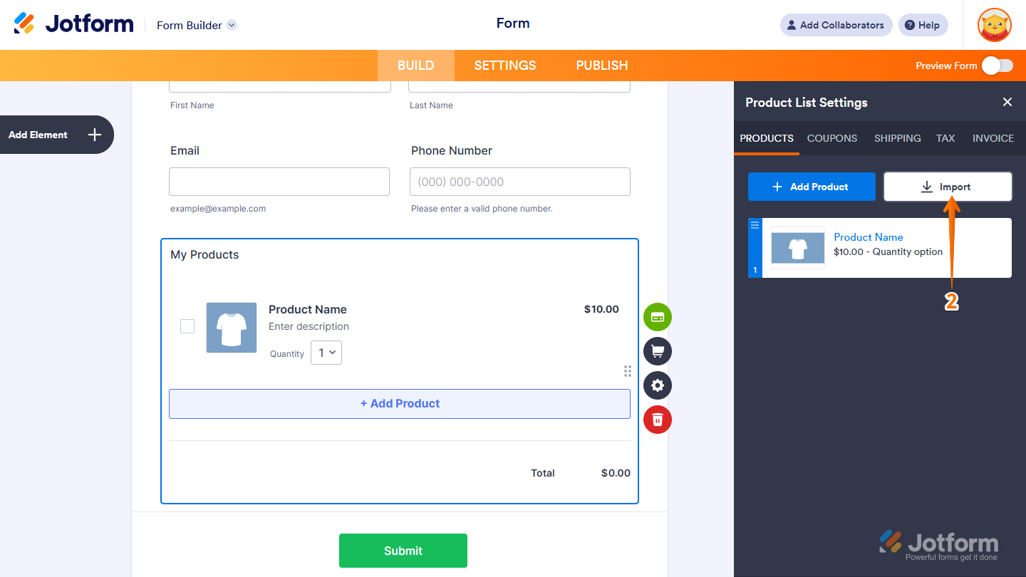 Import Button in Product List Settings in Jotform Form Builder.