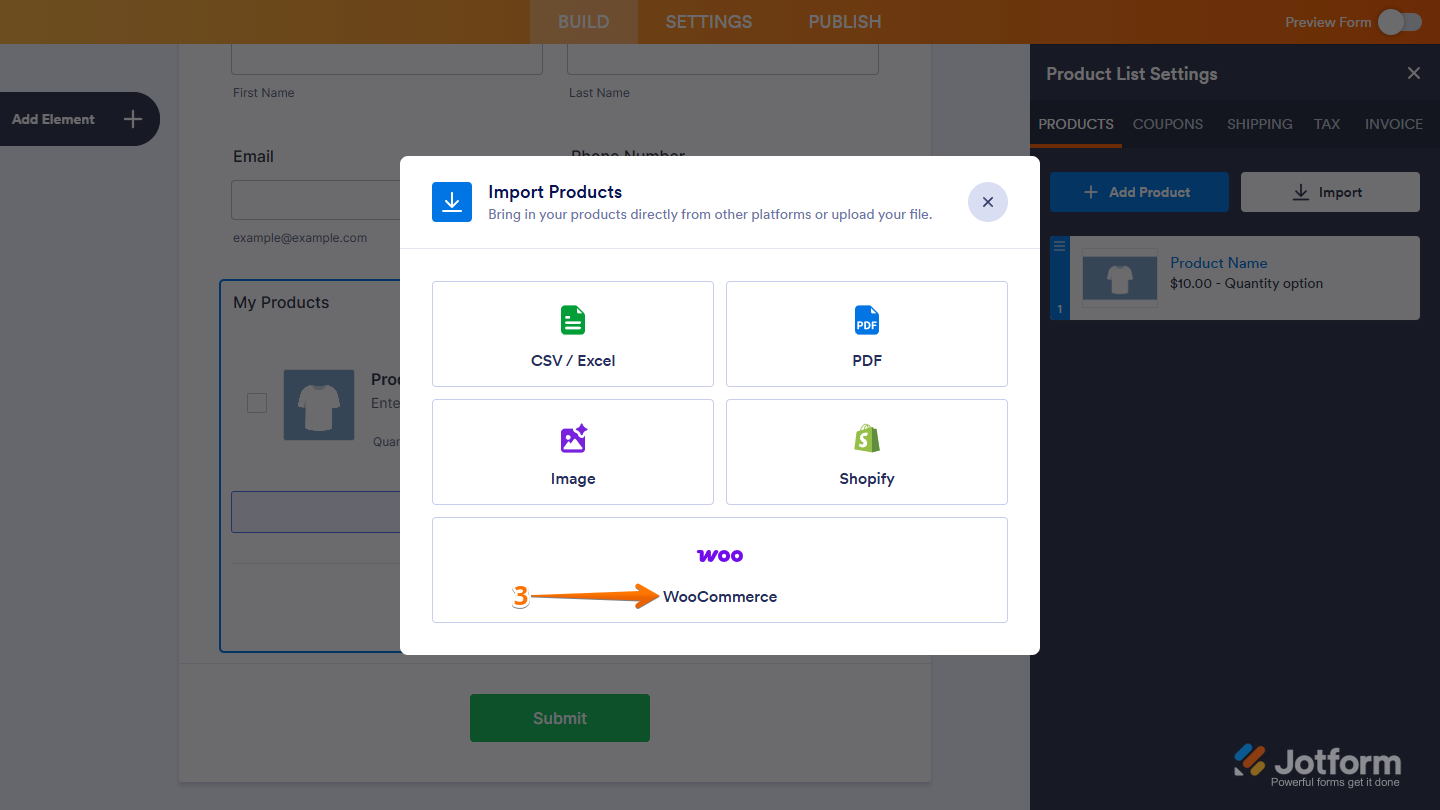 WooCommerce option in Import Products window of Jotform Form Builder.