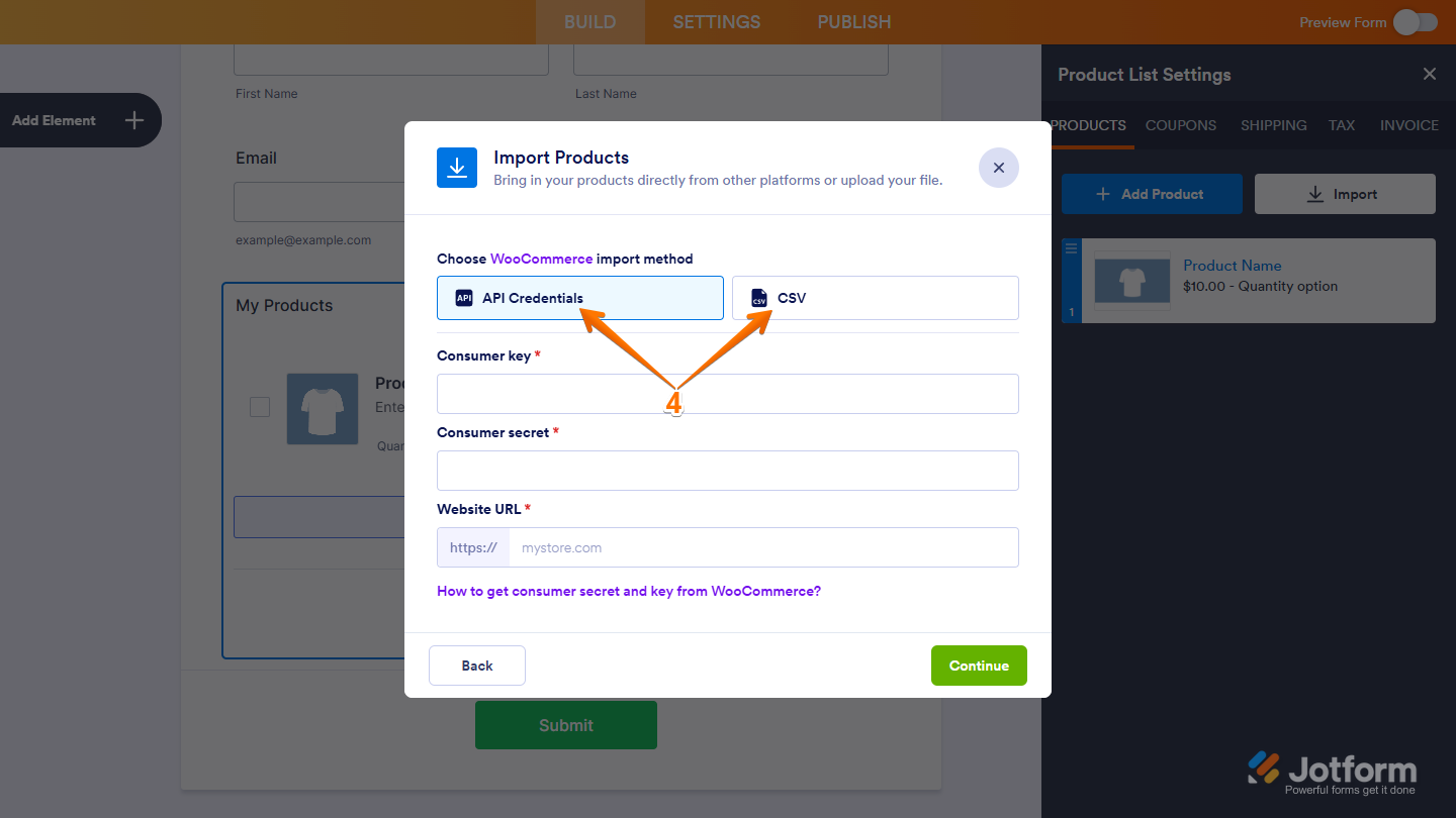 API Credentials and CSV button in the Import Products window of Jotform Form Builder