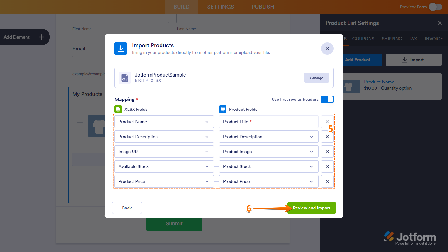 Mapping Section and Review and Import Button in Import Products window in Jotform Form Builder