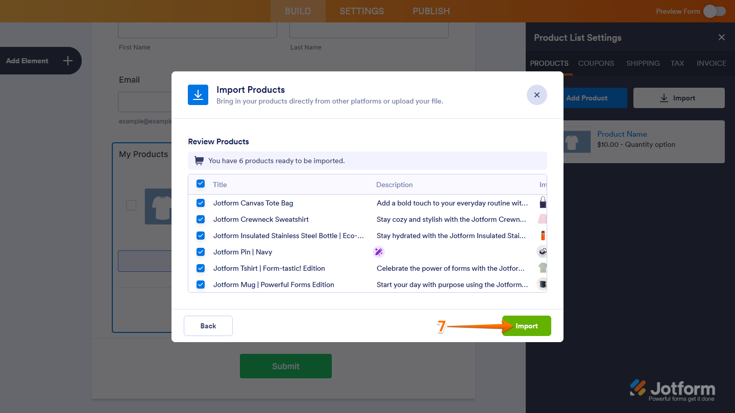 Import Button in the Import Products window in Jotform Form Builder