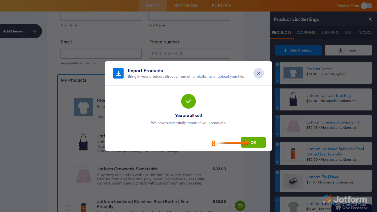 Ok button in the Import Products window in Jotform Form Builder