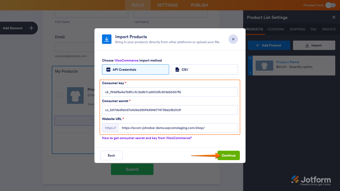 API Credentials in the Import Products window of Jotform Form Builder.