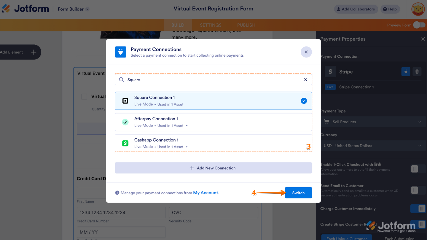 Payment Connections window showing search for a new payment gateway and the Switch button to update the integration