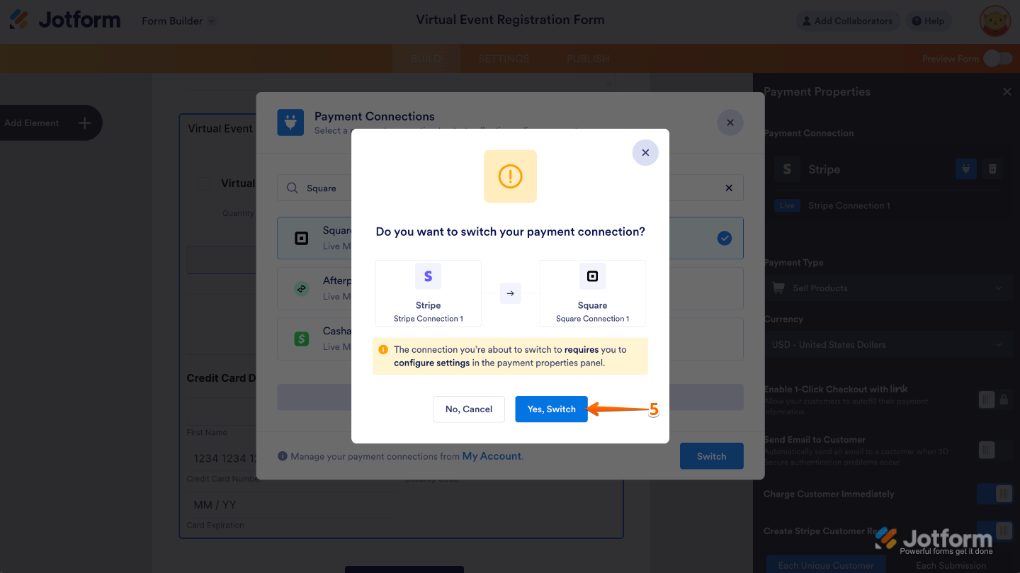 Modal window asking Do You Want to Switch Your Payment Connection with Yes, Switch button highlighted