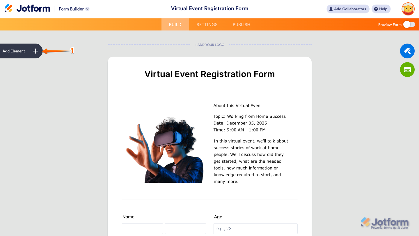 Form Builder interface showing the Add Element button on the left sidebar