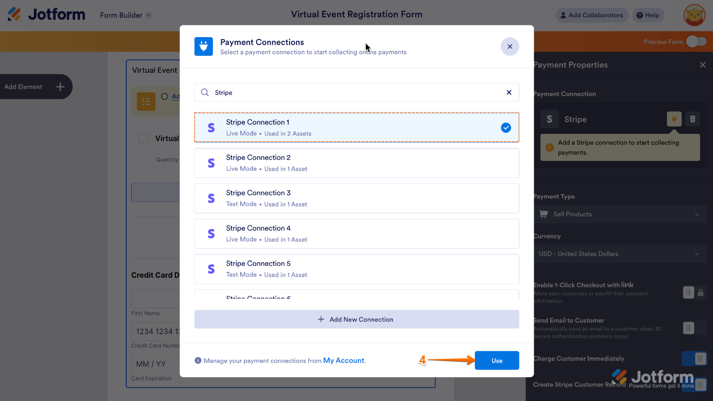 Payment Connections window with a list of available payment options and a Use button