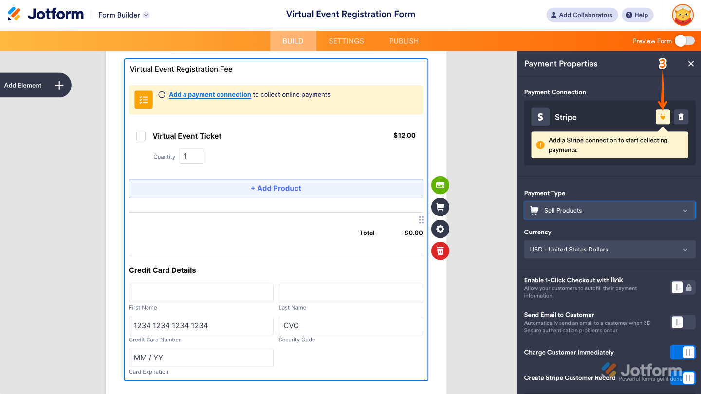 Payment Properties menu in Form Builder showing the Plug icon on the right side panel