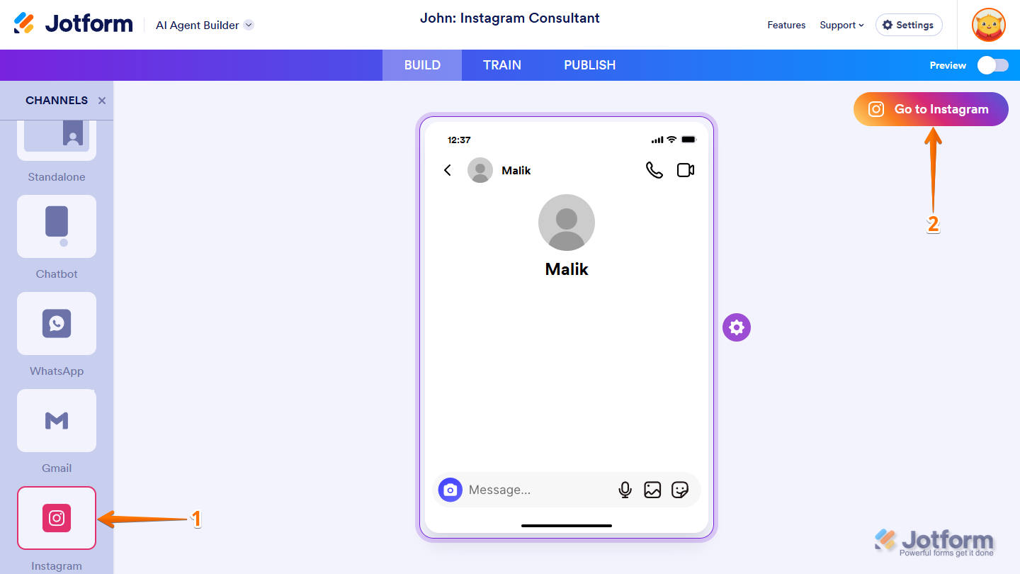 Click on Instagram icon in AI Agent Builder Channels menu in Jotform