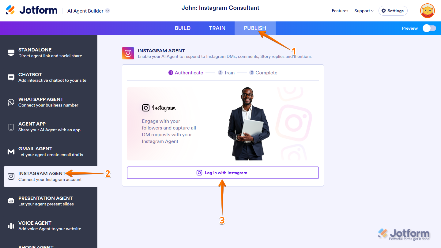 Publish tab in AI Agent Builder top navigation bar in Jotform