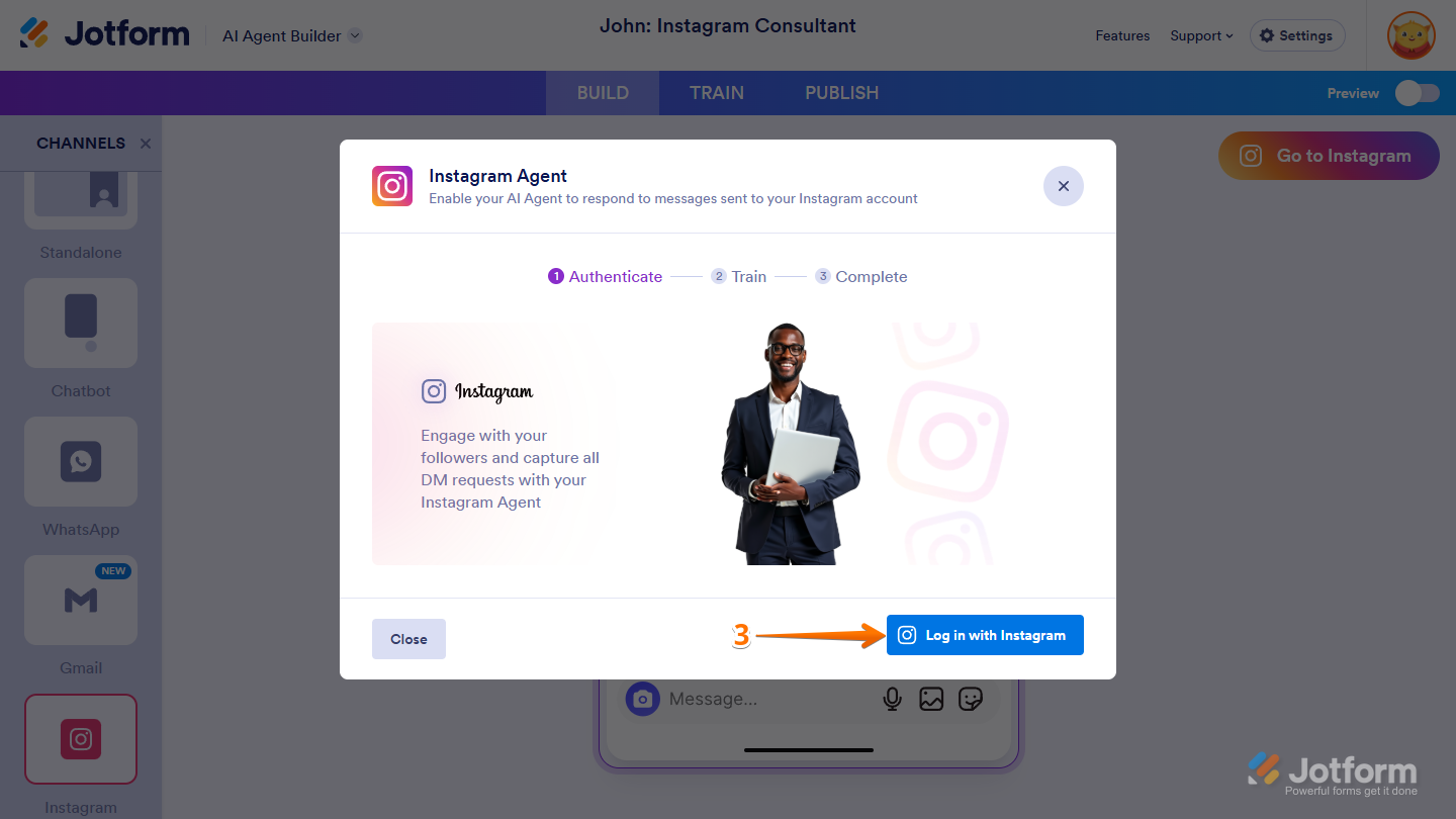 Instagram Agent window with Log in with Instagram button in Jotform