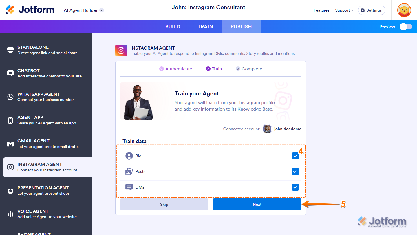 Train Data section in Instagram Agent showing Bio, Posts, and DMs options in Jotform