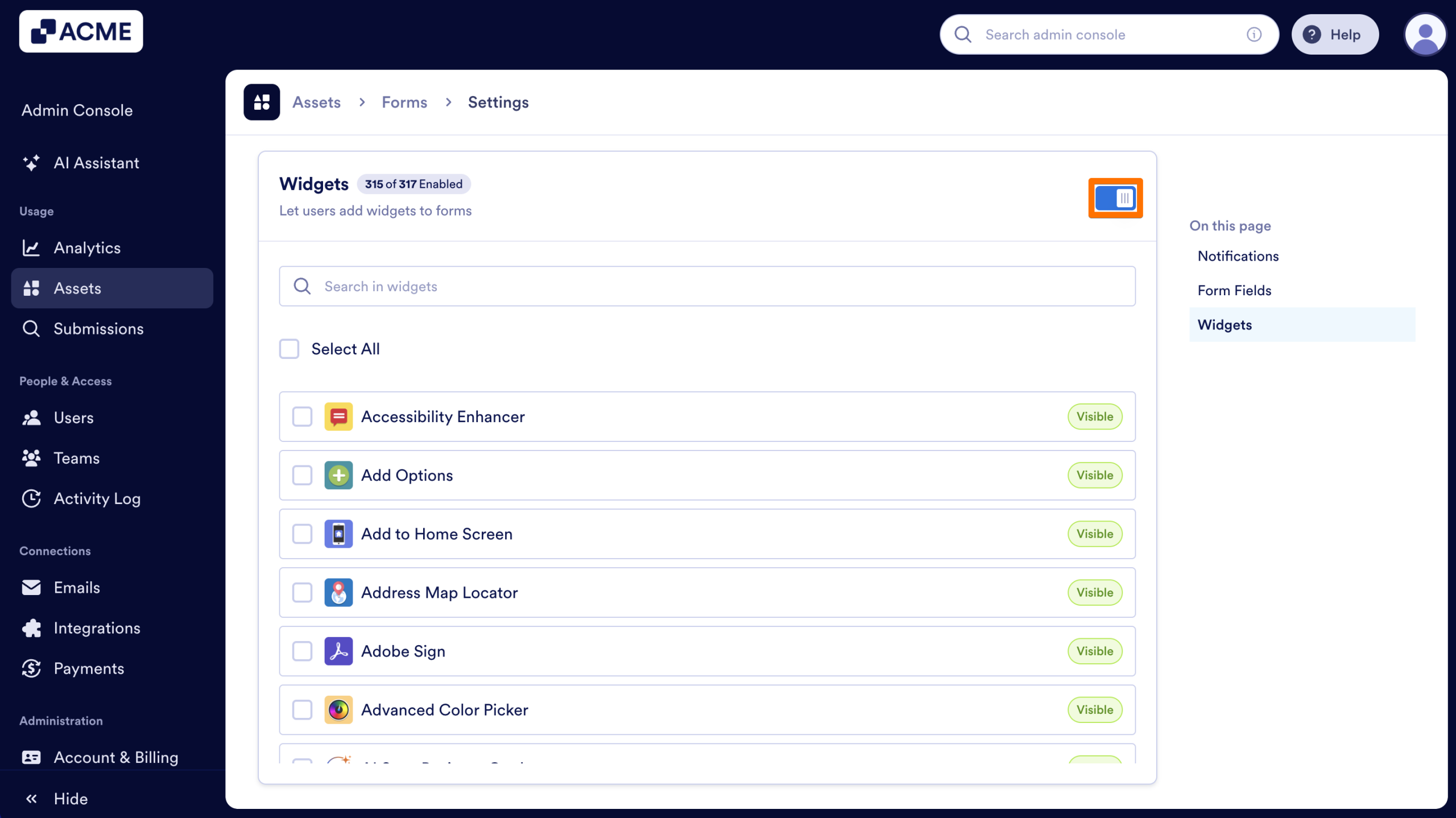 How to Show or Hide Form Widgets Organization-Wide from the Admin Console Image-3