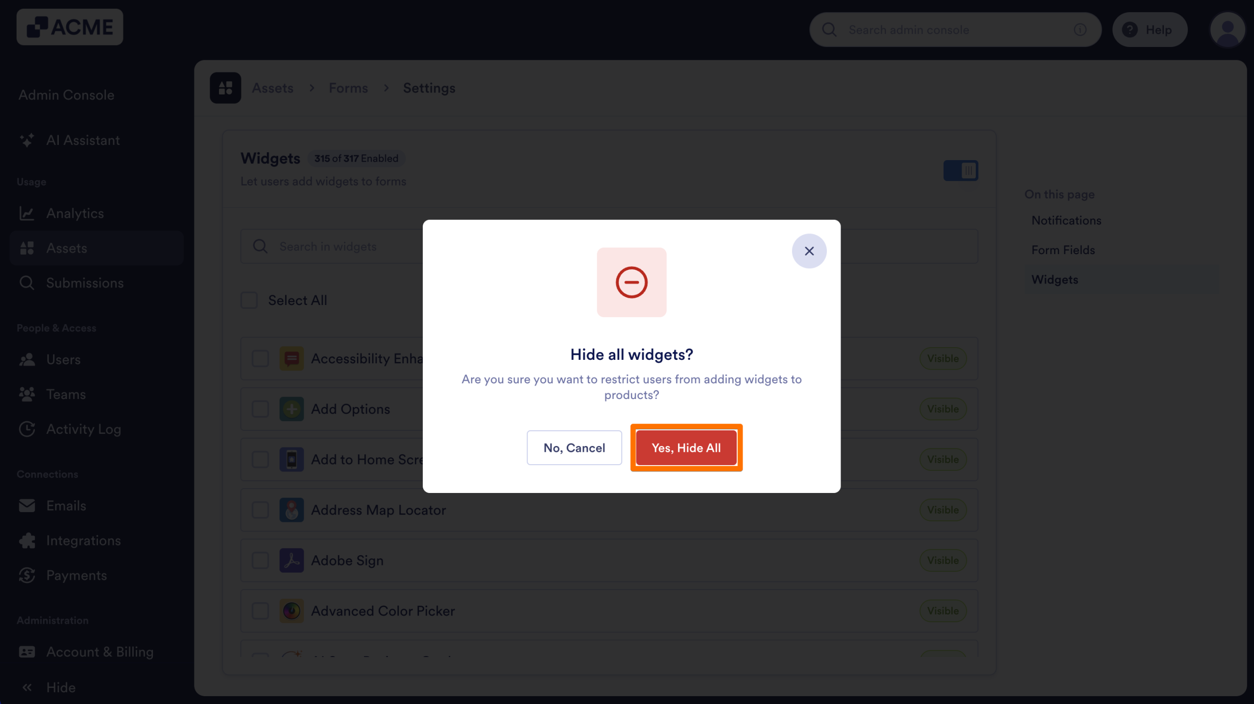 How to Show or Hide Form Widgets Organization-Wide from the Admin Console Image-4