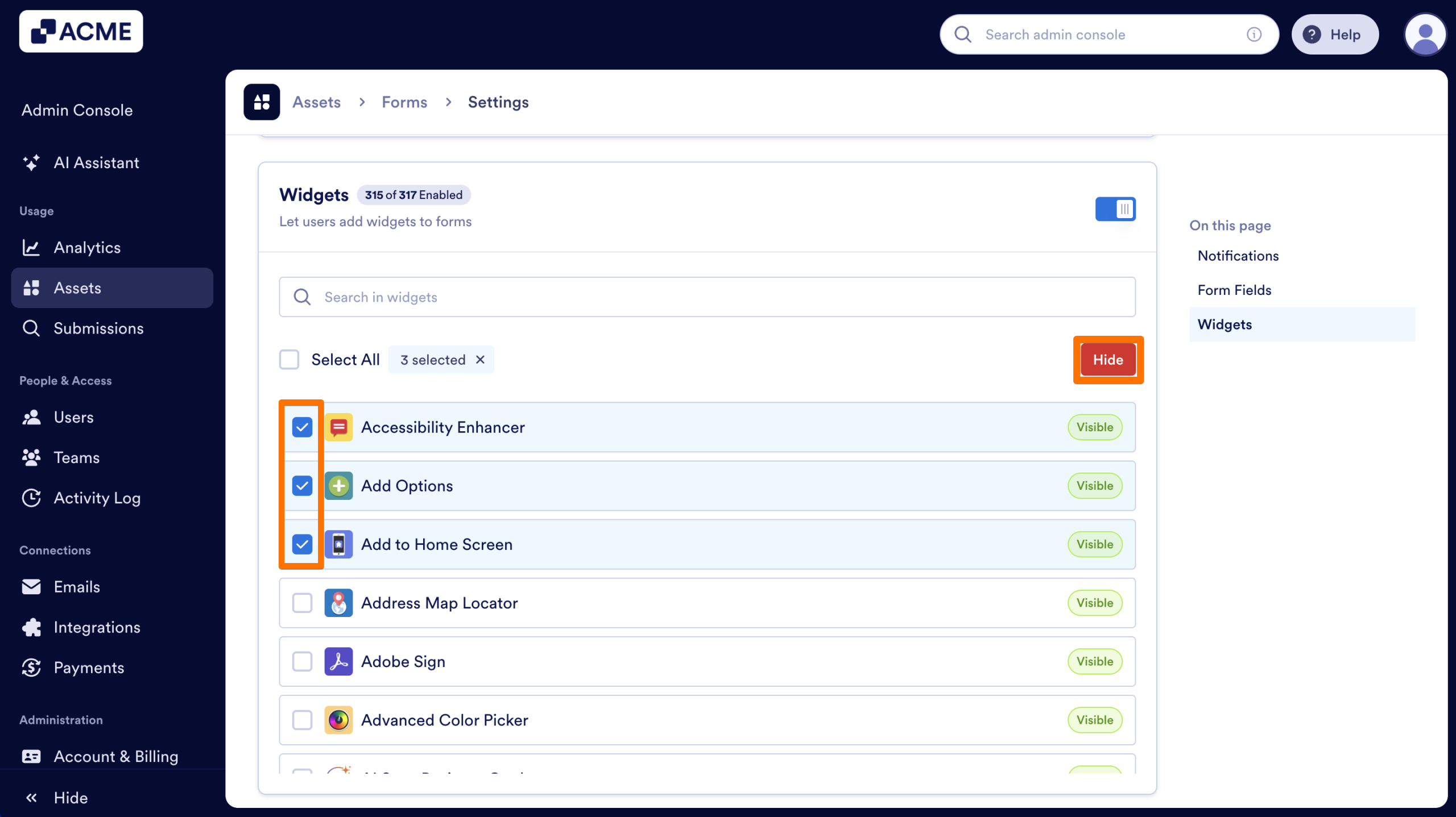 How to Show or Hide Form Widgets Organization-Wide from the Admin Console Image-9
