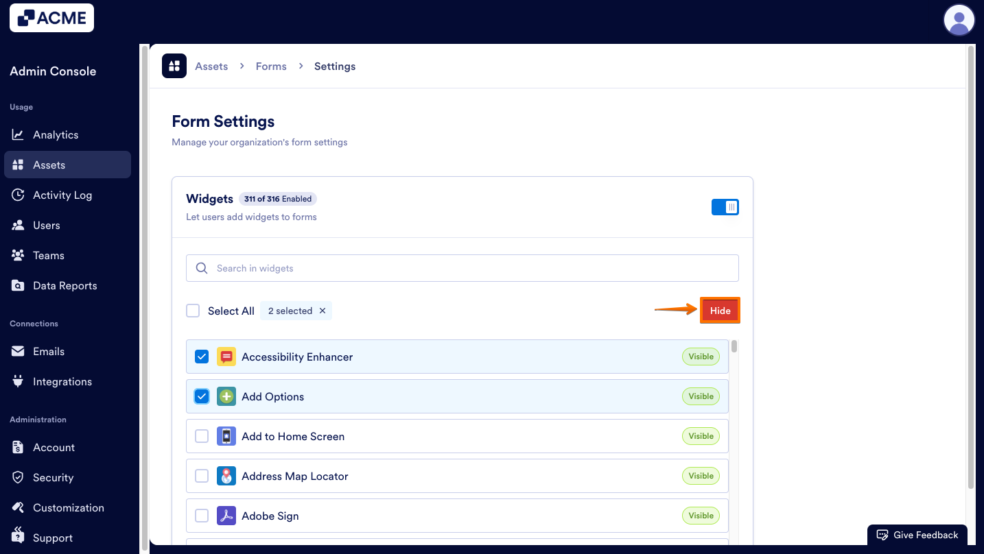 How to Show or Hide Form Widgets Organization-Wide from the Admin Console Image-12