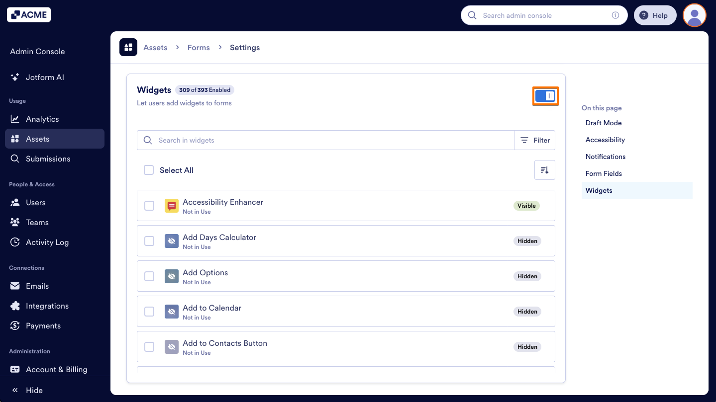 How to Show or Hide Form Widgets Organization-Wide from the Admin Console Image-3