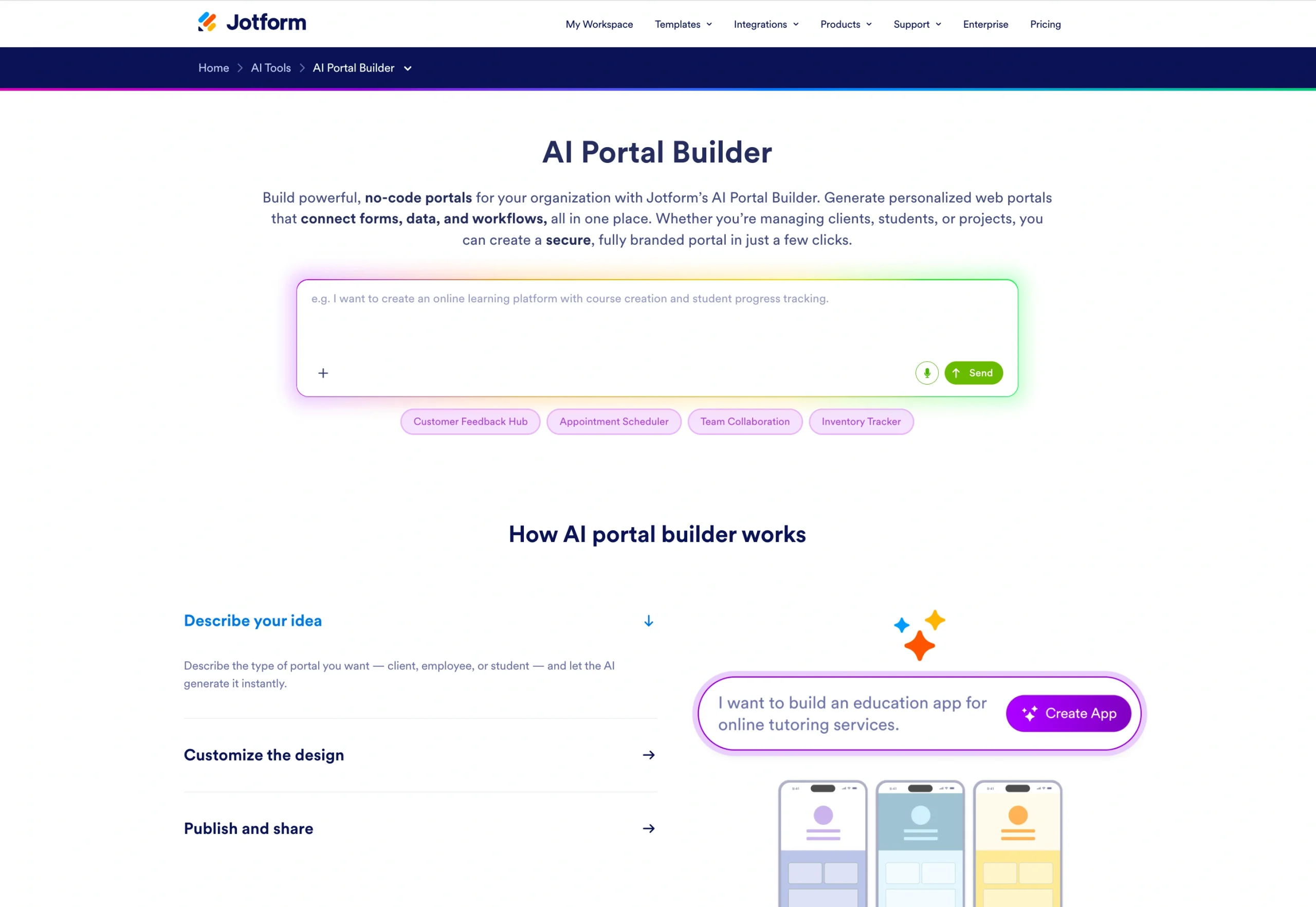 Screenshot of Jotform's AI Portal Builder landing page