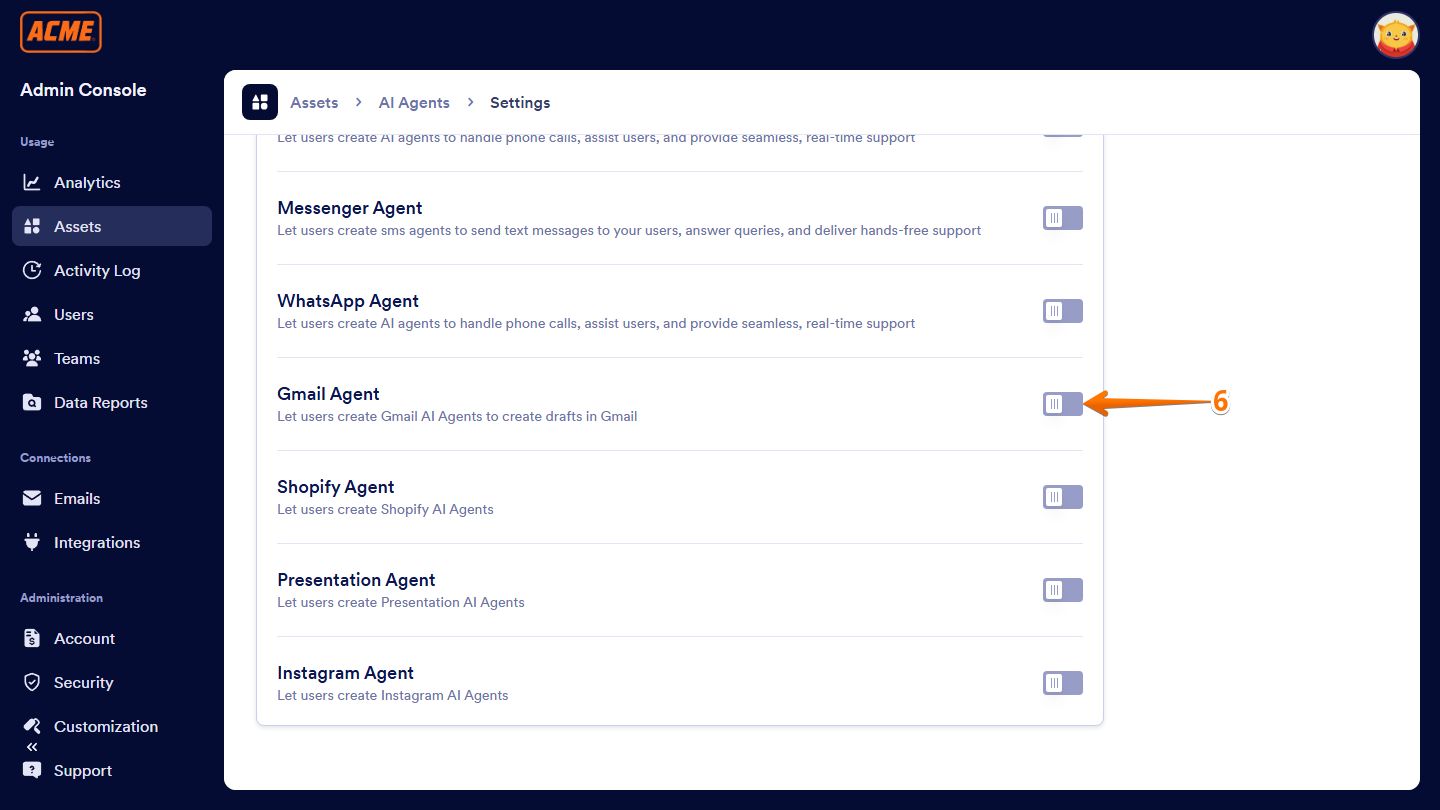 Gmail Agent toggle switch in Settings of the AI Agents section under the Assets tab of the Enterprise Admin Console