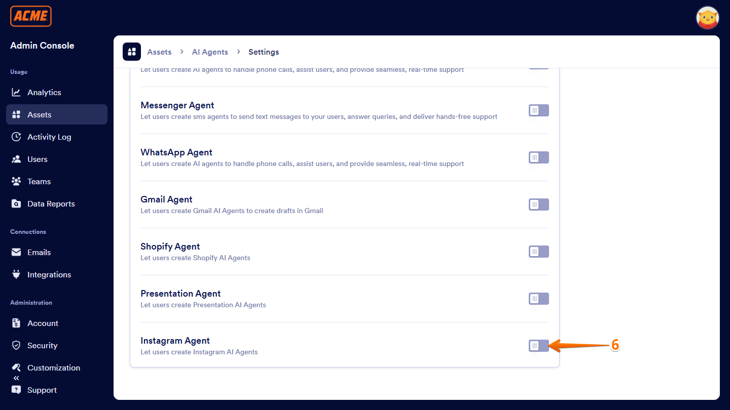 Instagram Agent toggle switch in Settings of the AI Agents section under the Assets tab of the Enterprise Admin Console