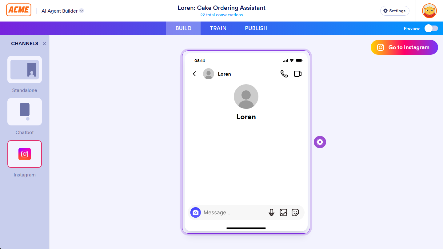 Instagram Agent channel under the Build tab of Enterprise AI Agent Builder