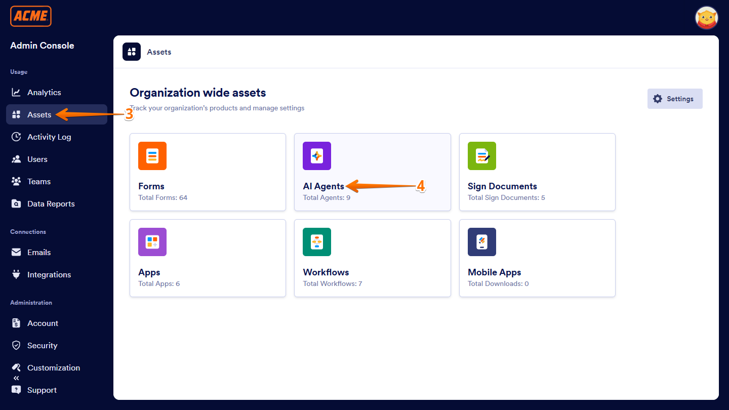 AI Agents option in the Organization Wide Assets section under the Assets tab in Enterprise Admin Console