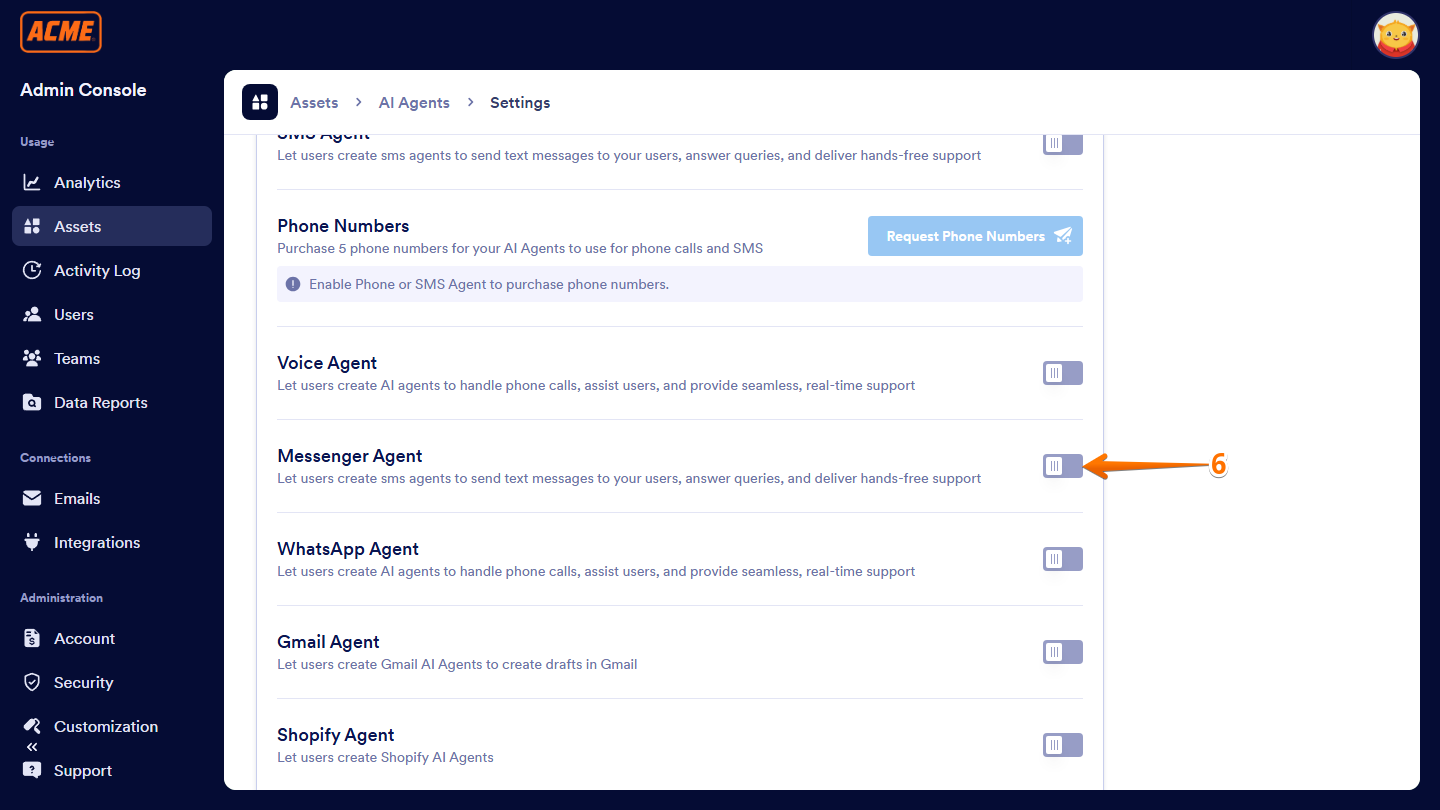 Messenger Agent toggle switch in Settings of the AI Agents section under the Assets tab of the Enterprise Admin Console
