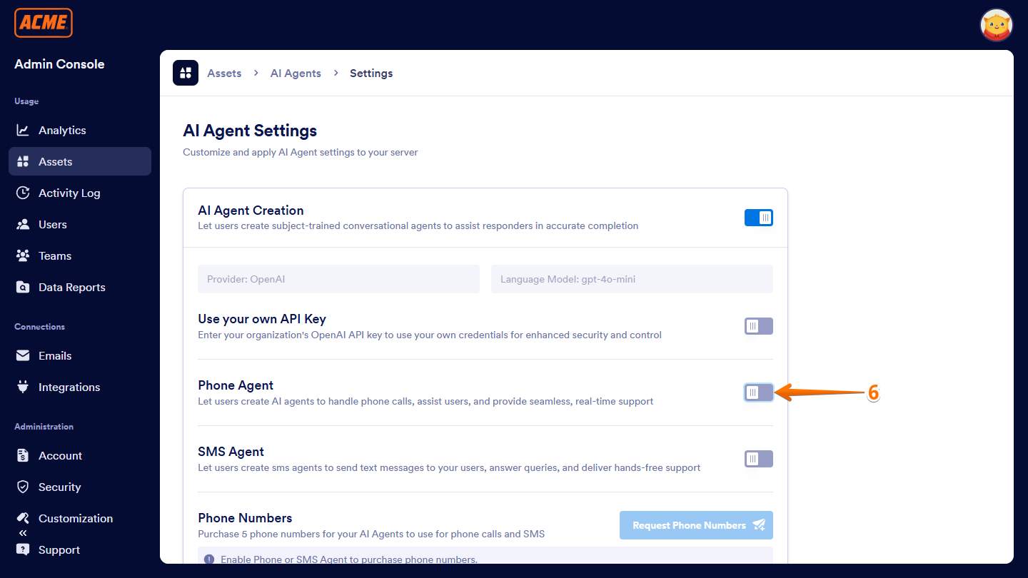 Phone Agent toggle switch in Settings of the AI Agents section under the Assets tab of the Enterprise Admin Console