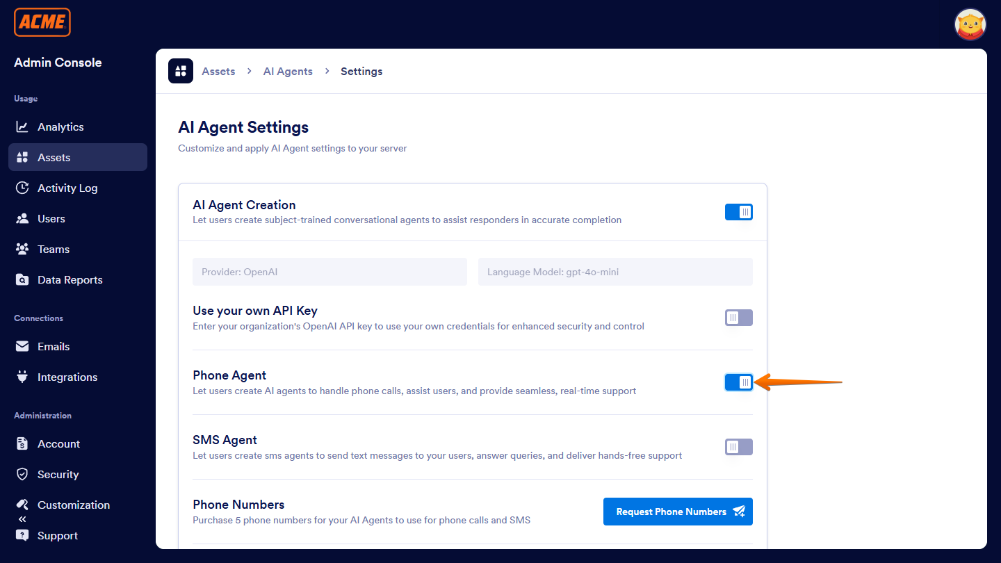 Enabled Phone Agent in Settings of the AI Agents section under the Assets tab of the Enterprise Admin Console