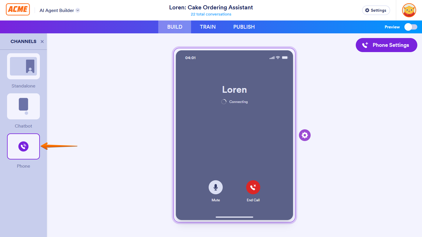 Phone Agent channel under the Build tab of Enterprise AI Agent Builder