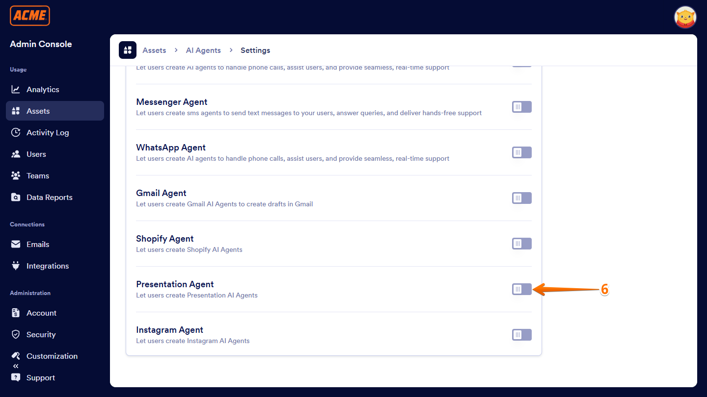 Presentation Agent toggle switch in Settings of the AI Agents section under the Assets tab of the Enterprise Admin Console